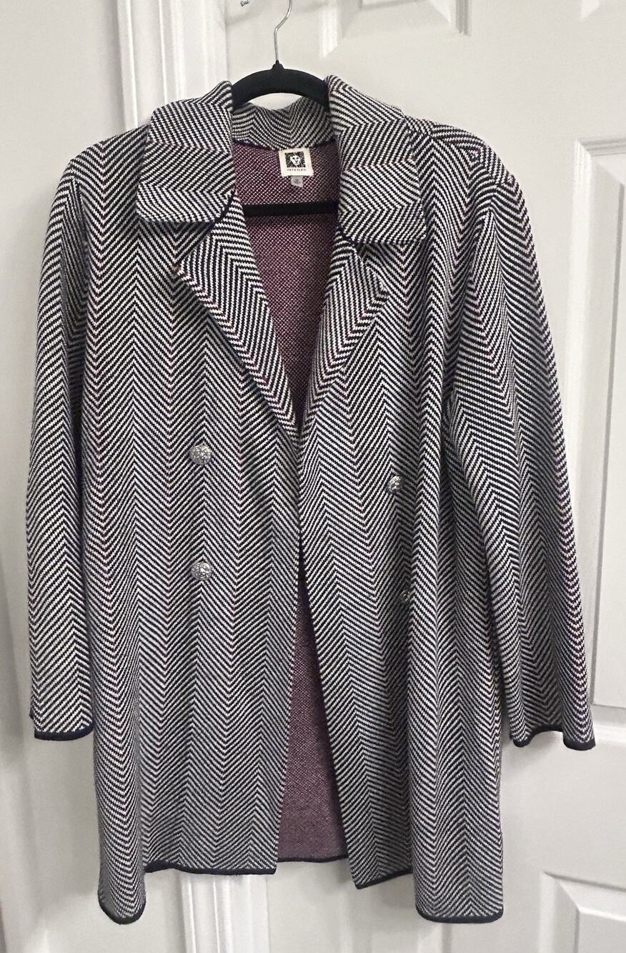Anne Klein Women’s Medium Black White Chevron Knit Blazer Jacket Red Accent